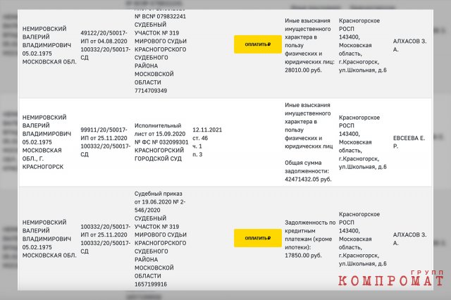 Восемь исполнительных производств на десятки миллионов рублей. Шлейф долгов тянется за Немировским как минимум с 2016 года.